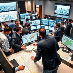 A dynamic and bustling GIS (Geographic Information Systems) job market scene, featuring men engaged in discussions, analyzing maps, and working on computer screens filled with geographical data and analytics