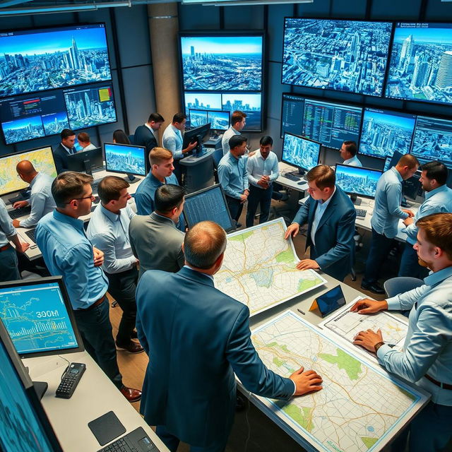 A dynamic and bustling GIS (Geographic Information Systems) job market scene, featuring men engaged in discussions, analyzing maps, and working on computer screens filled with geographical data and analytics