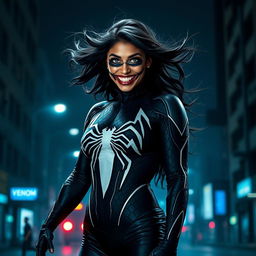 An artistic portrayal of Indian actress Mrunal Thakur transformed into a fierce version of Venom, featuring her in a dark, gothic style costume reminiscent of the character's signature look