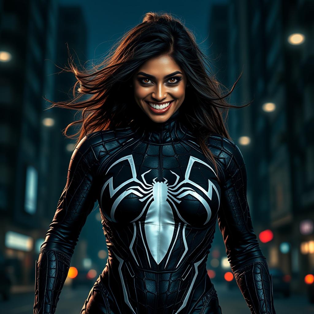 An artistic portrayal of Indian actress Mrunal Thakur transformed into a fierce version of Venom, featuring her in a dark, gothic style costume reminiscent of the character's signature look