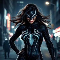 An artistic portrayal of Indian actress Mrunal Thakur transformed into a fierce version of Venom, featuring her in a dark, gothic style costume reminiscent of the character's signature look