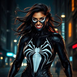 An artistic portrayal of Indian actress Mrunal Thakur transformed into a fierce version of Venom, featuring her in a dark, gothic style costume reminiscent of the character's signature look