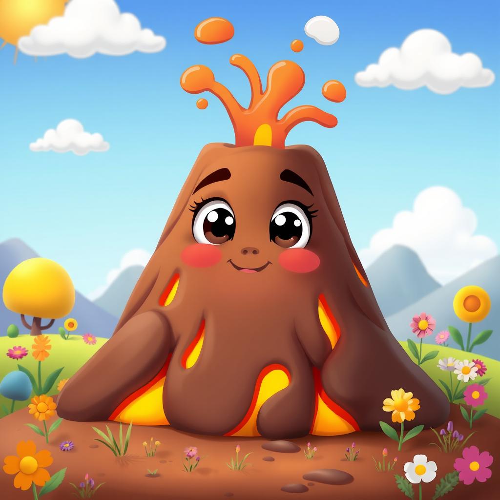 A cartoonish, small volcano with big, expressive eyes and a closed mouth, set in a vibrant animated landscape