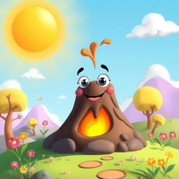 A cartoonish, small volcano with big, expressive eyes and a closed mouth, set in a vibrant animated landscape