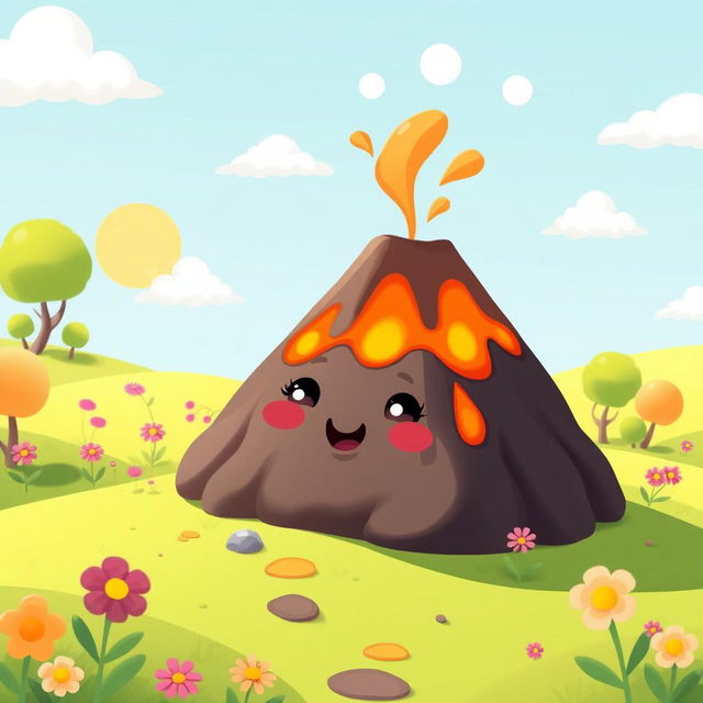 A cartoonish, small volcano with big, expressive eyes and a closed mouth, set in a vibrant animated landscape