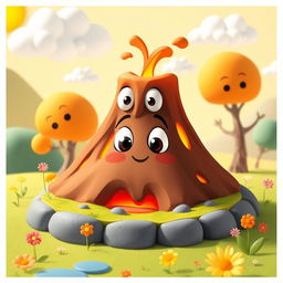 A cartoonish, small volcano with big, expressive eyes and a closed mouth, set in a vibrant animated landscape