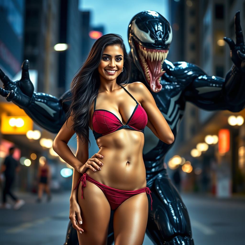 A dynamic scene featuring Indian actress Mrunal Thakur confidently posing in a stylish bikini, set in a dramatic confrontation with Venom