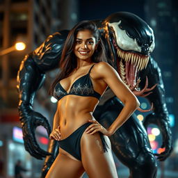 A dynamic scene featuring Indian actress Mrunal Thakur confidently posing in a stylish bikini, set in a dramatic confrontation with Venom