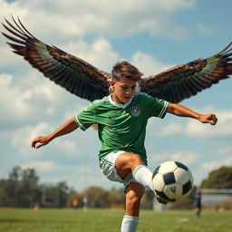 An eighteen-year-old male teenager with wheat-colored skin, wearing a green and white soccer uniform, is captured in action on a soccer field, energetically kicking a soccer ball