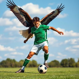 An eighteen-year-old male teenager with wheat-colored skin, wearing a green and white soccer uniform, is captured in action on a soccer field, energetically kicking a soccer ball