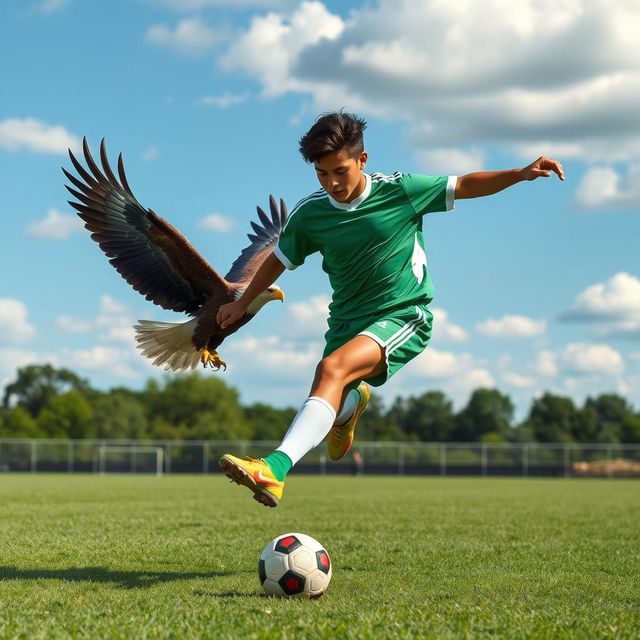 An eighteen-year-old male teenager with wheat-colored skin, wearing a green and white soccer uniform, is captured in action on a soccer field, energetically kicking a soccer ball