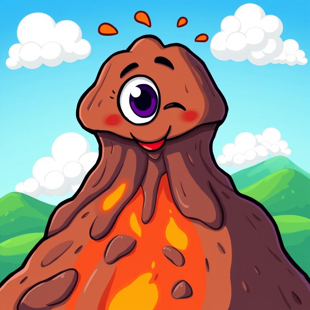 A cartoon-style illustration of a volcano with a friendly, cartoonish face, featuring a large eye and a small closed mouth