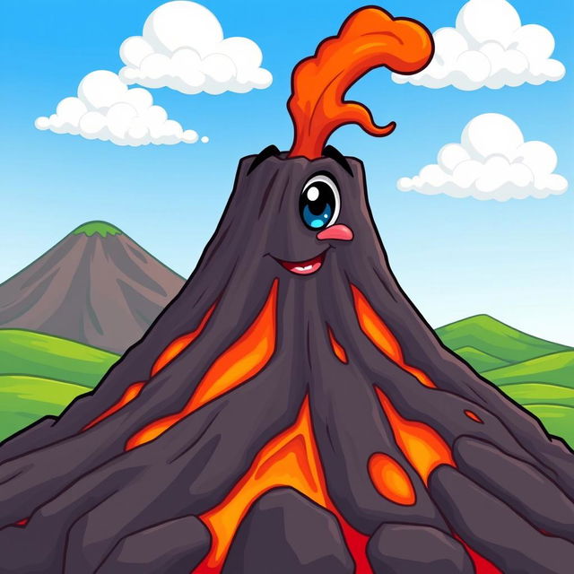 A cartoon-style illustration of a volcano with a friendly, cartoonish face, featuring a large eye and a small closed mouth