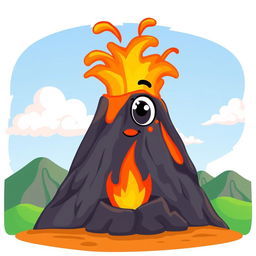 A cartoon-style illustration of a volcano with a friendly, cartoonish face, featuring a large eye and a small closed mouth