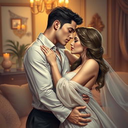 A sensual and suggestive artwork featuring an elegant and attractive couple in a romantic embrace, exploring an intimate moment