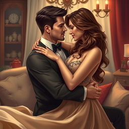 A sensual and suggestive artwork featuring an elegant and attractive couple in a romantic embrace, exploring an intimate moment