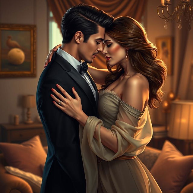 A sensual and suggestive artwork featuring an elegant and attractive couple in a romantic embrace, exploring an intimate moment