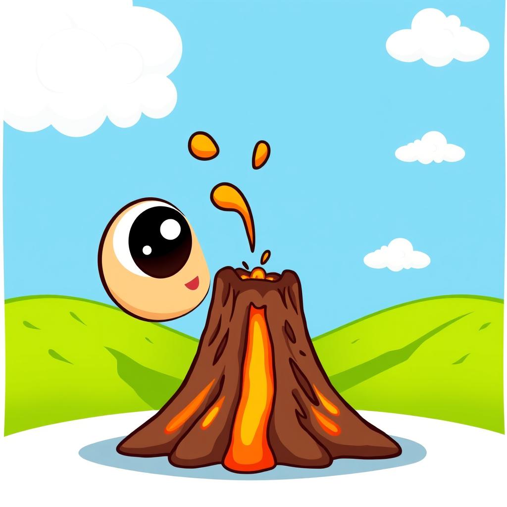 A cartoon-style illustration of a volcano featuring a large, friendly eye and a small, closed mouth