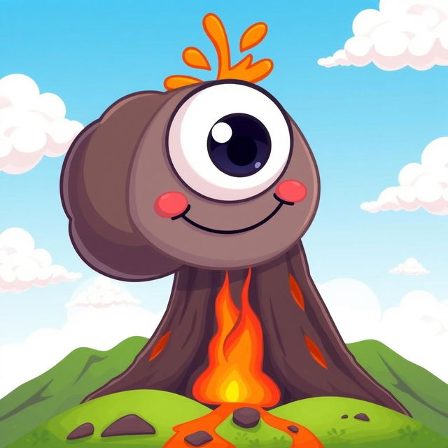 A cartoon-style illustration of a volcano featuring a large, friendly eye and a small, closed mouth