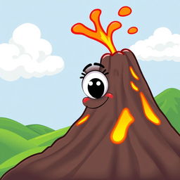 A cartoon-style illustration of a volcano featuring a large, friendly eye and a small, closed mouth