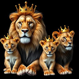 A lifelike lion and lioness with two playful boy cubs, all adorned with golden crowns