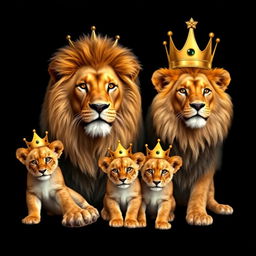 A lifelike lion and lioness with two playful boy cubs, all adorned with golden crowns