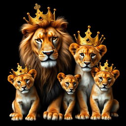 A lifelike lion and lioness with two playful boy cubs, all adorned with golden crowns