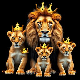 A lifelike lion and lioness with two playful boy cubs, all adorned with golden crowns