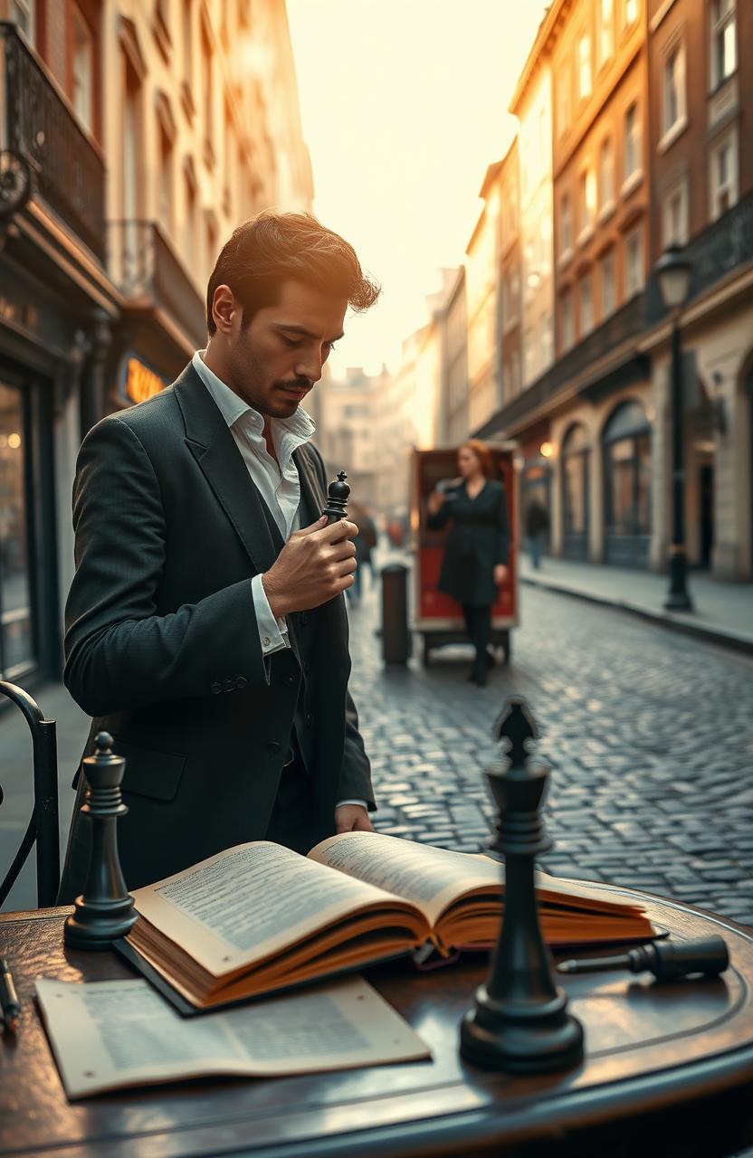 A romantic scene featuring a chess player who is also a poet, deeply in love, set against a beautiful London street background