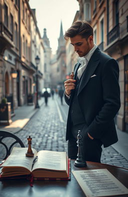 A romantic scene featuring a chess player who is also a poet, deeply in love, set against a beautiful London street background