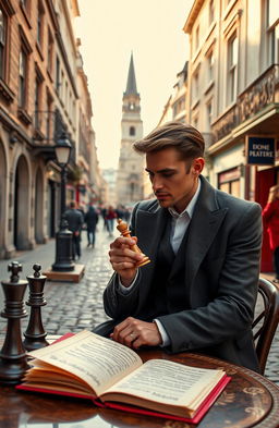 A romantic scene featuring a chess player who is also a poet, deeply in love, set against a beautiful London street background