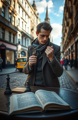 A romantic scene featuring a chess player who is also a poet, deeply in love, set against a beautiful London street background