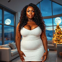 Full-body image of a curvy, mature MILF woman, aged 45, who is strikingly beautiful and sexy