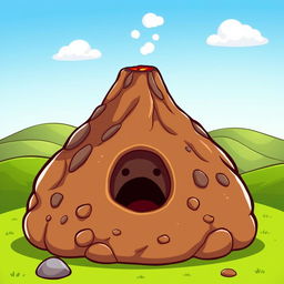 A cartoon-style depiction of a volcano featuring a small mouth that is closed