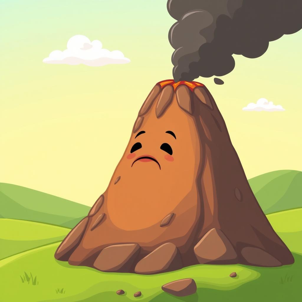 A cartoon-style depiction of a volcano featuring a small mouth that is closed