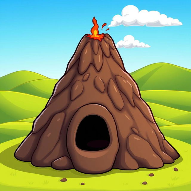 A cartoon-style depiction of a volcano featuring a small mouth that is closed