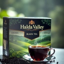 A stunningly packaged box of 400 grams of Halda Valley black tea, featuring a beautiful, artistic design that incorporates elements of nature such as lush green tea plantations and a serene valley landscape