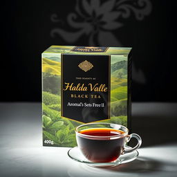 A stunningly packaged box of 400 grams of Halda Valley black tea, featuring a beautiful, artistic design that incorporates elements of nature such as lush green tea plantations and a serene valley landscape