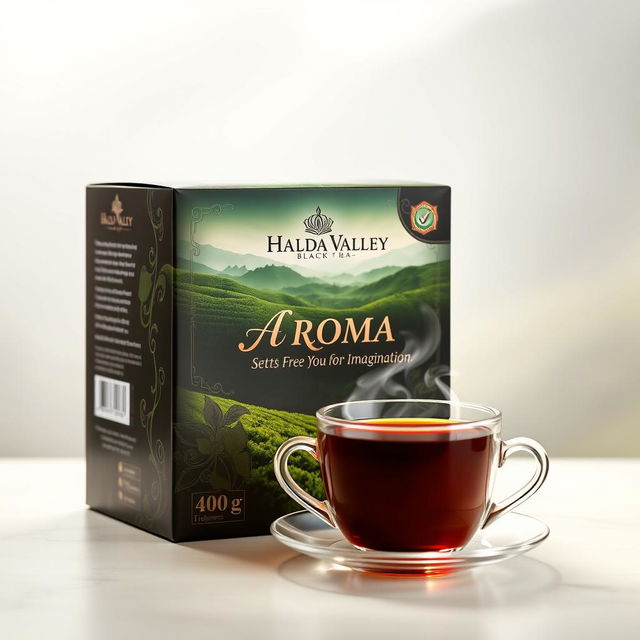 A stunningly packaged box of 400 grams of Halda Valley black tea, featuring a beautiful, artistic design that incorporates elements of nature such as lush green tea plantations and a serene valley landscape