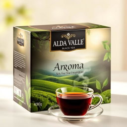A stunningly packaged box of 400 grams of Halda Valley black tea, featuring a beautiful, artistic design that incorporates elements of nature such as lush green tea plantations and a serene valley landscape