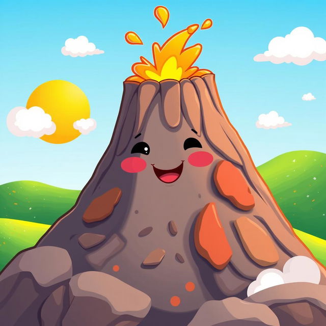 A cheerful cartoon-style volcano with a small happy mouth, designed to look playful and friendly