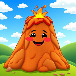 A cheerful cartoon-style volcano with a small happy mouth, designed to look playful and friendly