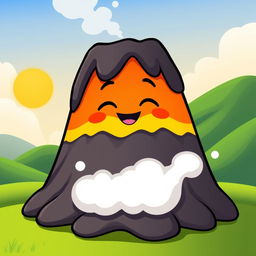 A cheerful cartoon volcano with a small mouth, smiling joyfully