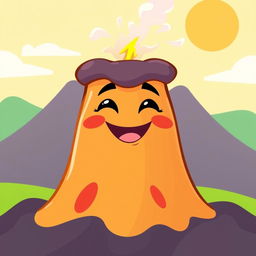 A cheerful cartoon volcano with a small mouth, smiling joyfully