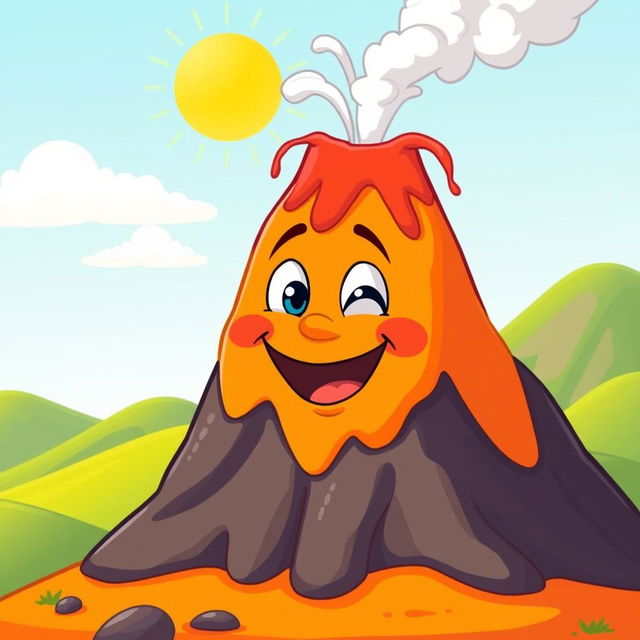 A cheerful cartoon volcano with a small mouth, smiling joyfully