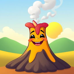 A cheerful cartoon volcano with a small mouth, smiling joyfully