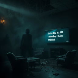 A terrifying, haunted scene set in a decaying, abandoned building, featuring dark, oppressive shadows and flickering lights