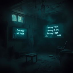 A terrifying, haunted scene set in a decaying, abandoned building, featuring dark, oppressive shadows and flickering lights