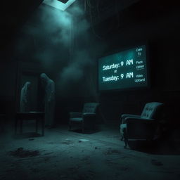 A terrifying, haunted scene set in a decaying, abandoned building, featuring dark, oppressive shadows and flickering lights