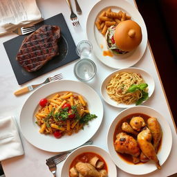 A beautifully arranged dining table featuring a variety of delicious dishes including a perfectly cooked steak, a gourmet burger with fresh toppings, crispy potatoes, flavorful pasta in a rich sauce, and tender chicken